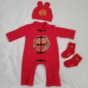 Lunar New Year Baby Boy Romper with Hat and Sock Red Size 66